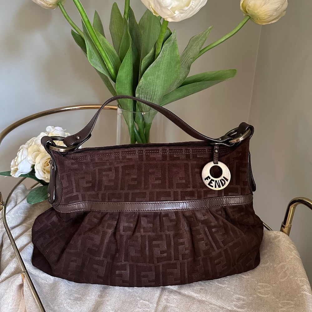 Fendi Zucca Chef FF Shoulder Bag in Brown Suede
